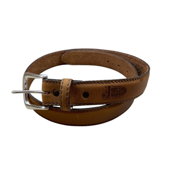 Justin Belt Grain Leather Cowboy Men’s Brown Silver Tone Buckle Logo Size 32 - Picture 1 of 16